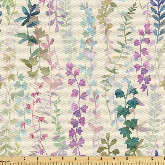 Ambesonne Nature Fabric by the Yard Upholstery, Botanical Watercolor Foliage, 1 Yard, Pale Purple and Grey Teal