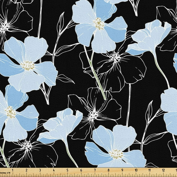 Ambesonne Nature Fabric by the Yard Upholstery, Botany Jungle Flowers Print, 5 Yards, Black White Soft Blue