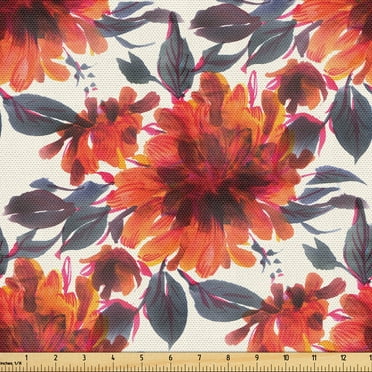 Ambesonne Nature Fabric by the Yard Upholstery, Flowers Romantic Scene Plot, 1 Yard, Burnt Orange and Blue Grey