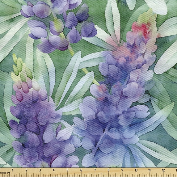 Ambesonne Nature Fabric by the Yard Upholstery, Garden Botany Lupine Sketch, 10 Yards, Fern Green and Violet