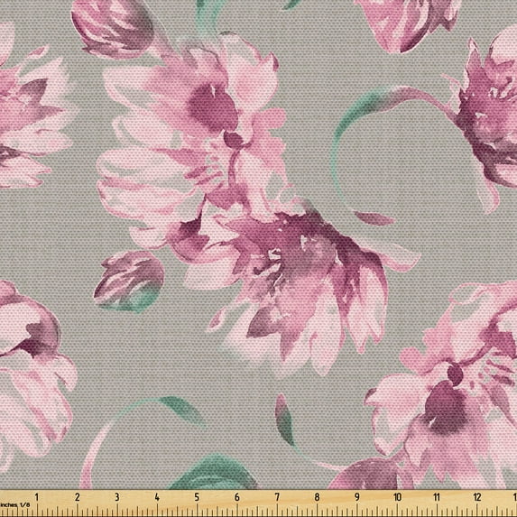 Ambesonne Nature Fabric by the Yard Upholstery, Garden Look Art Flower Print, 1 Yard, Jade Green and Rose