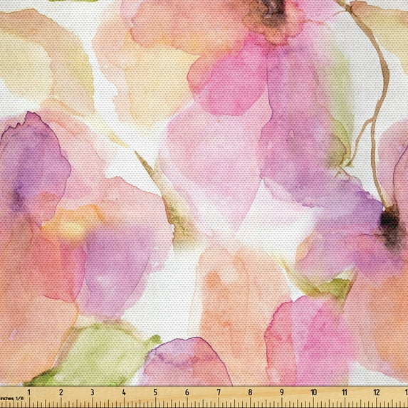 Ambesonne Nature Fabric by the Yard Upholstery, Garden Print Flower Pattern, 1 Yard, Pink Peach and Pastel Green
