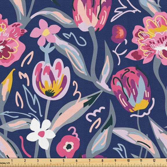 Ambesonne Nature Fabric by the Yard Upholstery, Large Colorful Flowers Plot, 2 Yards, Pastel Pink Blue Grey