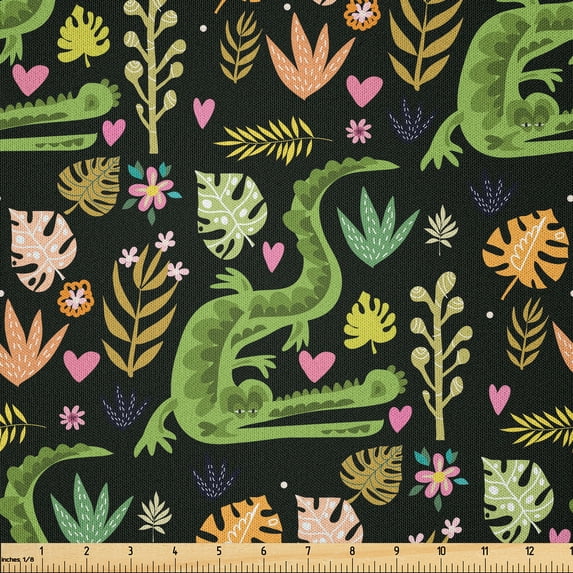 Ambesonne Nature Fabric by the Yard Microfiber, Digital Crocodile Drawing, 10 Yards, Dark Forest Green