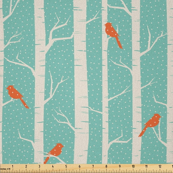Ambesonne Nature Fabric by the Yard Microfiber, Dotted Tree and Birds, 1 Yard, Sea Green Orange