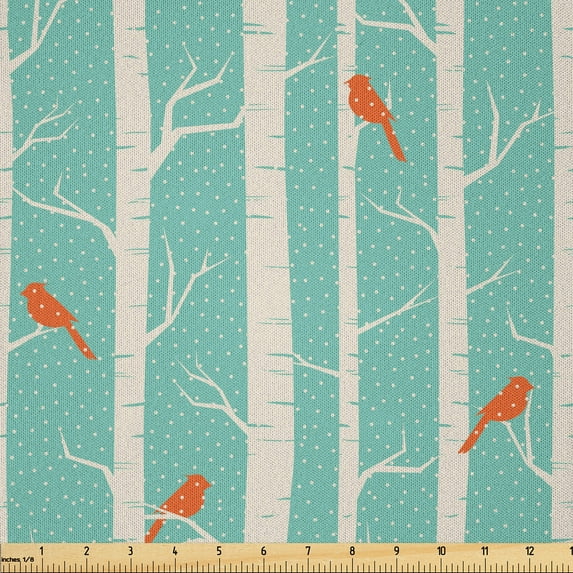 Ambesonne Nature Fabric by the Yard Microfiber, Dotted Tree and Birds, 5 Yards, Sea Green Orange