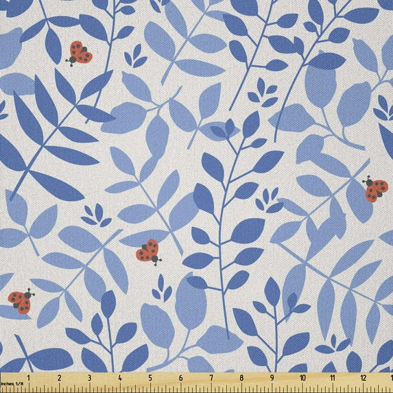 Ambesonne Nature Fabric by the Yard Microfiber, Tree Branches Ladybugs, 2 Yards, Violet Blue Eggshell