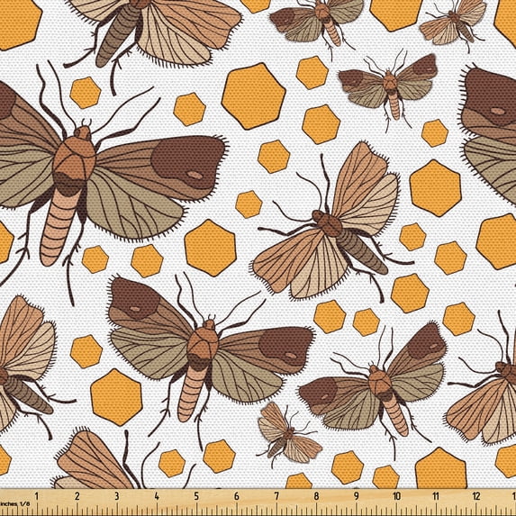 Ambesonne Nature Fabric by the Yard, Moth Pattern Print Hexagons, 10 Yards, Marigold and Brown