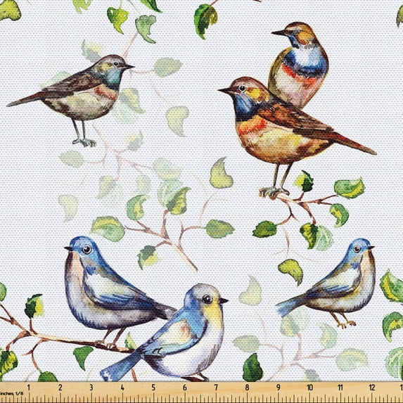 Ambesonne Nature Fabric by the Yard Upholstery, Spring Birds Leaves Pattern, 2 Yards, Pale Blue Green White