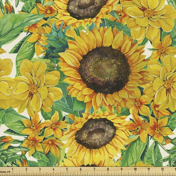 Ambesonne Nature Fabric by the Yard Upholstery, Sunflowers Autumn Pattern, 1 Yard, Earth Yellow and Fern Green