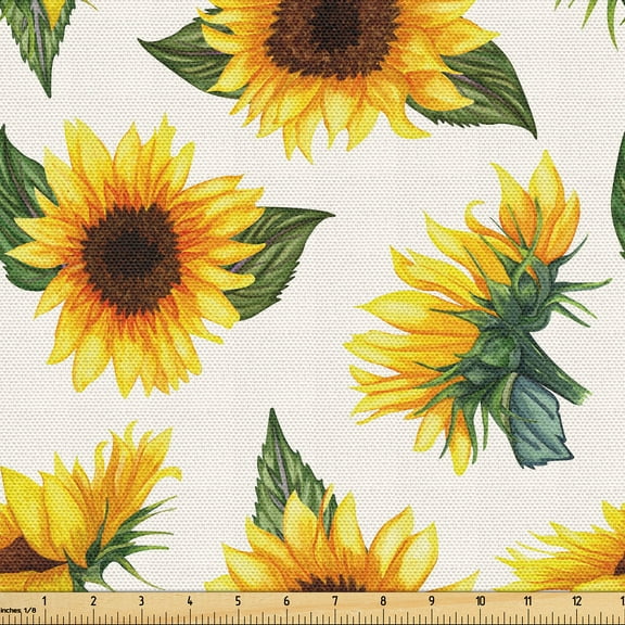 Ambesonne Nature Fabric by the Yard Upholstery, Sunflowers Plain Back Art, 10 Yards, Earth Yellow and Olive Green