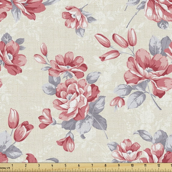 Ambesonne Nature Fabric by the Yard Upholstery, Traditional Oriental Roses, 1 Yard, Dark Pink Taupe Grey