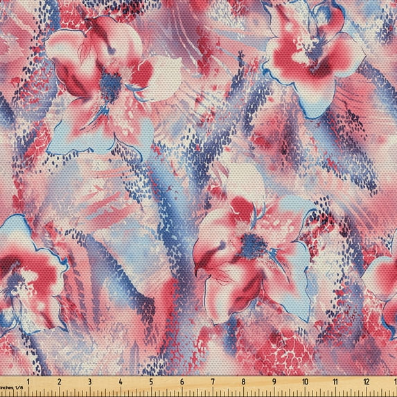 Ambesonne Nature Fabric by the Yard Upholstery, Tropical Flowers Grungy Art, 10 Yards, Dark Coral and Ceil Blue