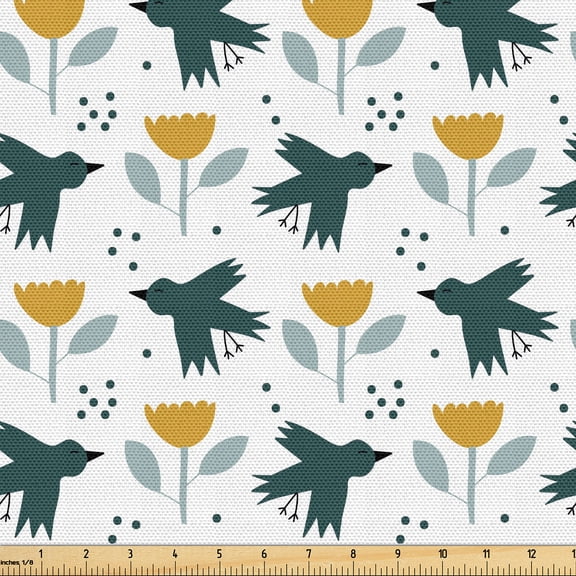 Ambesonne Nature Fabric by the Yard Upholstery, Birds Dots Flowers Cartoon, 1 Yard, Dark Yellow Pale Eggshell
