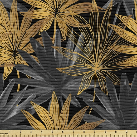 Ambesonne Nature Fabric by the Yard Upholstery, Botanical Motif Exotic Art, 2 Yards, Dark Grey and Marigold