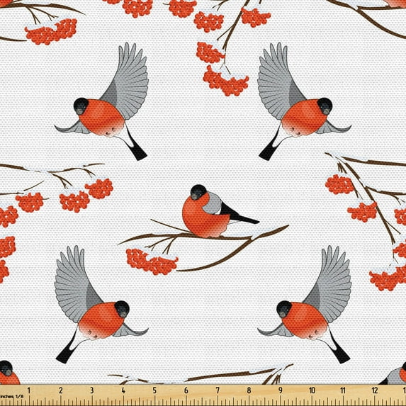 Ambesonne Nature Fabric by the Yard Upholstery, Bullfinches on Rowan Branch, 5 Yards, Vermilion Pale Grey