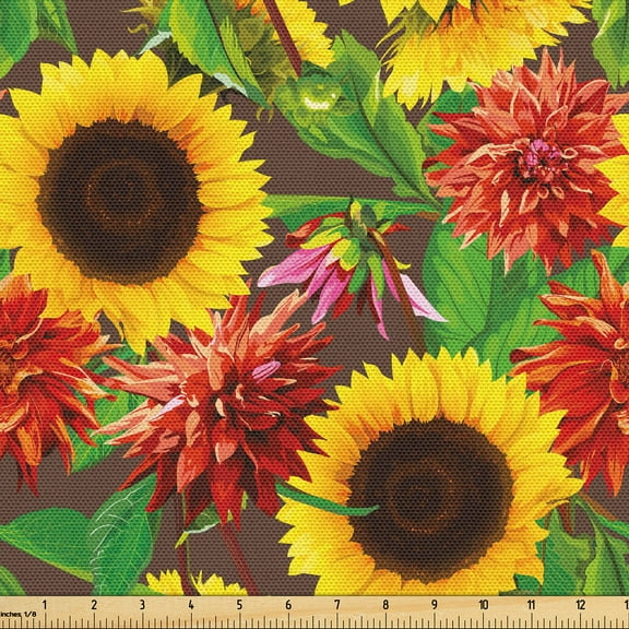 Ambesonne Nature Fabric by the Yard Upholstery, Dahlia Sunflower Pattern, 1 Yard, Earth Yellow and Lime Green