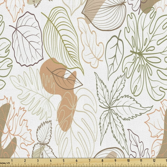 Ambesonne Nature Fabric by the Yard Upholstery, Leaves Autumn Ornament Art, 2 Yards, Pale Brown White Grey