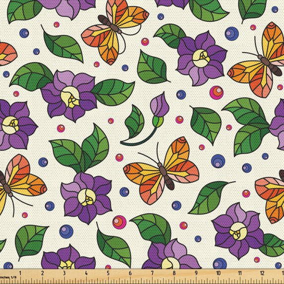Ambesonne Nature Fabric by the Yard Upholstery, Leaves Butterflies Flowers, 1 Yard, Purple and Fern Green