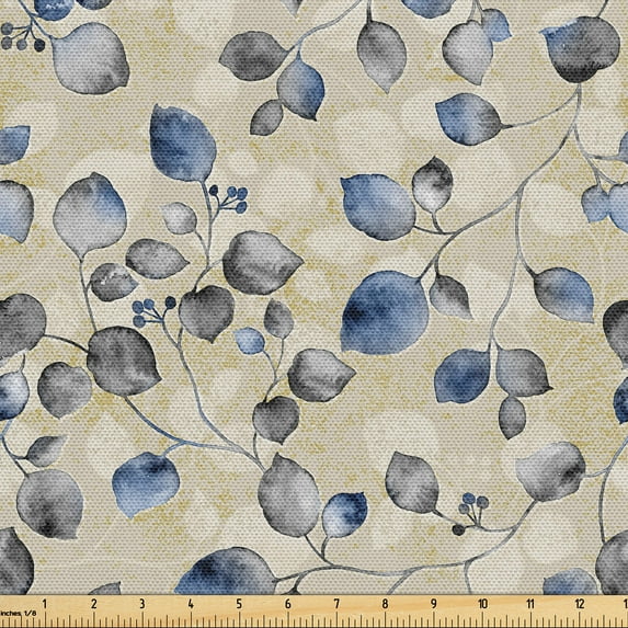 Ambesonne Nature Fabric by the Yard Upholstery, Leaves on Grungy Back Art, 1 Yard, Dark Sky Blue and Grey Yellow