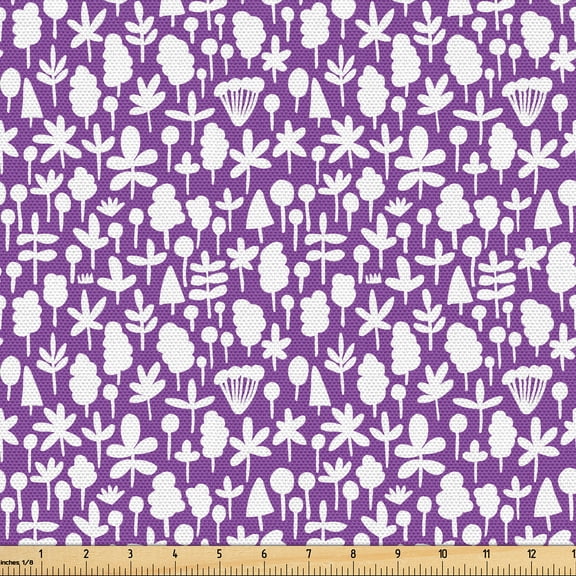 Ambesonne Nature Fabric by the Yard Upholstery, Minimalist Trees Flowers Art, 2 Yards, Violet and White