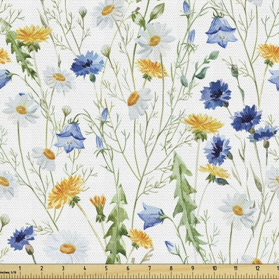 Ambesonne Nature Fabric by the Yard Upholstery, Poppies Daisies Rural, 5 Yards, Pale Green Yellow Blue
