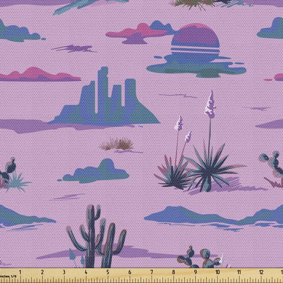 Ambesonne Nature Fabric by the Yard Upholstery, Purplish Desert Landscape, 1 Yard, Soft Pink Slate Blue