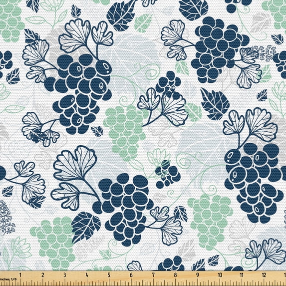 Ambesonne Nature Fabric by the Yard Upholstery, Spring Grape and Floral Art, 2 Yards, Almond Green Indigo White