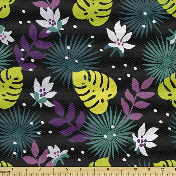 Ambesonne Nature Fabric by the Yard Upholstery, Tropical Pastel Monstera, 1 Yard, Lime Green and Purple