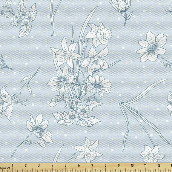 Ambesonne Nature Fabric by the Yard Upholstery, Vintage Art Flower Bouquets, 1 Yard, Pale Blue White