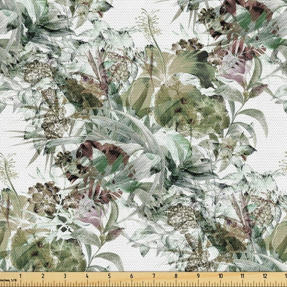Ambesonne Nature Fabric by the Yard Upholstery, Vintage Botany Composition, 3 Yards, Khaki and Fern Green