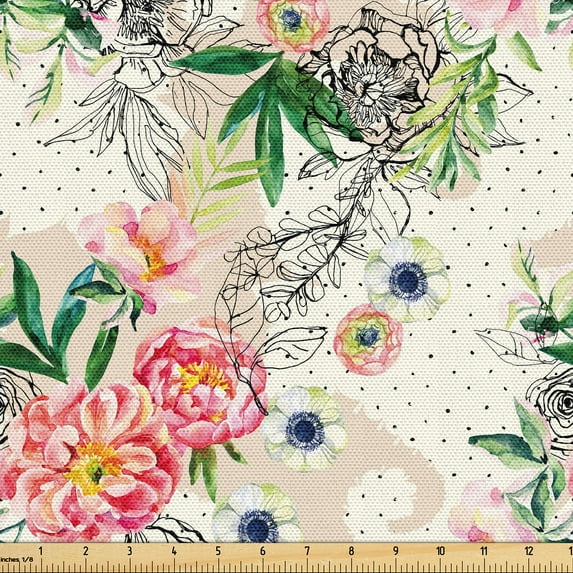 Ambesonne Nature Fabric by the Yard Upholstery, Watercolor Flowers Dots Art, 2 Yards, Hunter Green and Dark Coral