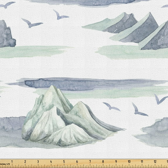 Ambesonne Nature Fabric by the Yard, Woodland Mountain Birds Art, 5 Yards, Pale Grey Dark Ceil Blue