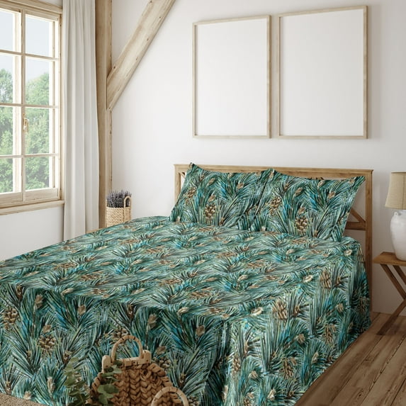 Ambesonne Nature Fitted & Flat Sheet with Sham 3 Pcs Set, Fir Leaves and Cones Art, Twin XL, Hunter Green Fawn Umber