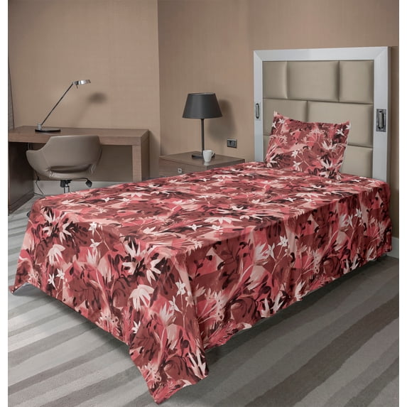 Ambesonne Nature Fitted & Flat Sheet with Sham 3 Pcs Set, Flowers Watercolor Fashion, Twin XL, Dark Coral Blush and Pink