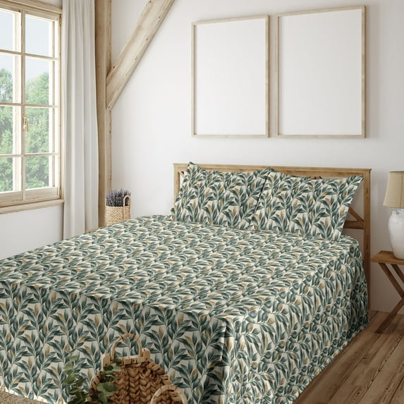 Ambesonne Nature Fitted & Flat Sheet with Sham 3 Pcs Set, Garden Leaf Print Modern, Twin XL, Hunter Green Dark Yellow