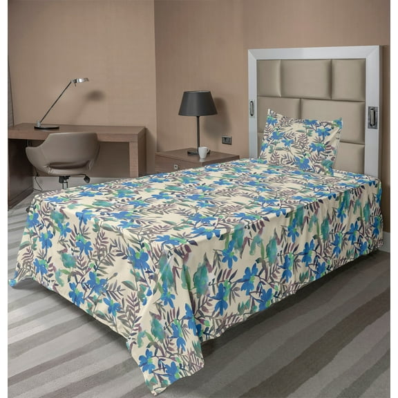 Ambesonne Nature Fitted & Flat Sheet with Sham 3 Pcs Set, Marigold Flowers Watercolor, Twin, Sea Blue Pale Fuchsia