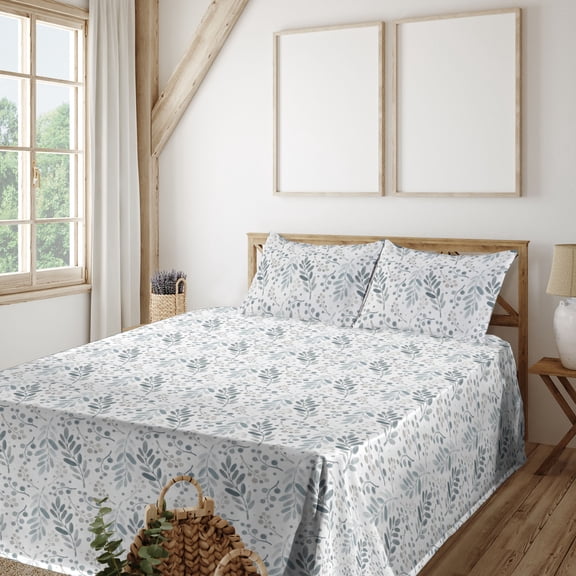 Ambesonne Nature Fitted & Flat Sheet with Sham 3 Pcs Set, Minimalist Floral Sketch Art, Twin, White Pale Cadet Blue
