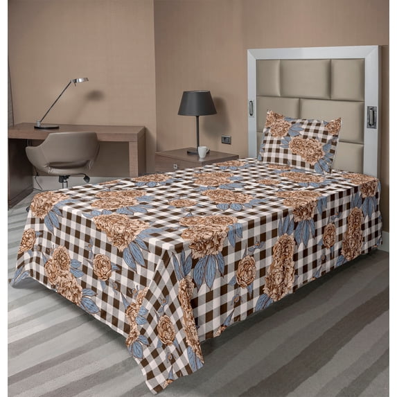 Ambesonne Nature Fitted & Flat Sheet with Sham 3 Pcs Set, Peonies on Checkered Back, Twin, Pale Caramel and Slate Blue