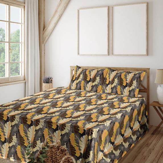 Ambesonne Nature Fitted & Flat Sheet with Sham 3 Pcs Set, Tropical Leaves Sketch Art, Twin XL, Charcoal Grey Mustard
