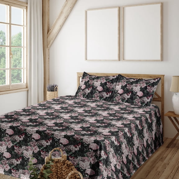 Ambesonne Nature Fitted & Flat Sheet with Sham 3 Pcs Set, Wild Exotic Flower Leaves, Twin, Pale Pink and Charcoal Grey