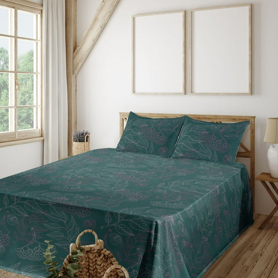 Ambesonne Nature Fitted & Flat Sheet with Shams 4 Pcs Set, Botanical Vibes Viburnum Art, Full, Dark Teal Pale Rose Pink