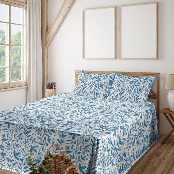 Ambesonne Nature Fitted & Flat Sheet with Shams 4 Pcs Set, Dots Foliage Flowers Plot, Queen, Sea Blue and Pale Teal