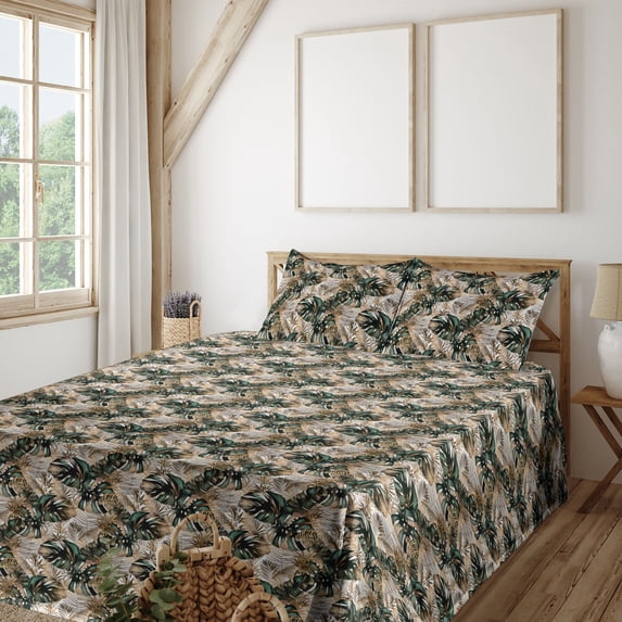 Ambesonne Nature Fitted & Flat Sheet with Shams 4 Pcs Set, Exotic Leaf Sketch Pattern, Queen, Hunter Green Ivory and Sepia