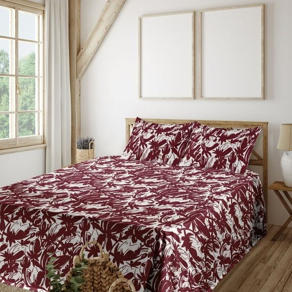 Ambesonne Nature Fitted & Flat Sheet with Shams 4 Pcs Set, Flowers Monochrome Retro, King, Pale Maroon and White