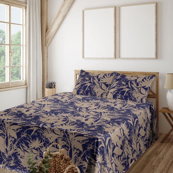 Ambesonne Nature Fitted & Flat Sheet with Shams 4 Pcs Set, Garden Flower Silhouettes, Calking, Navy Blue and Grey Yellow