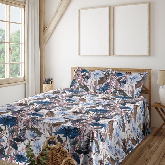 Ambesonne Nature Fitted & Flat Sheet with Shams 4 Pcs Set, Garden Theme Floral Art, King, Dark Lavender Cocoa and White