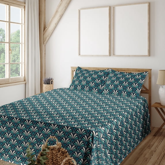 Ambesonne Nature Fitted & Flat Sheet with Shams 4 Pcs Set, Oversimplified Blossom Print, Calking, Dark Seafoam Eggshell