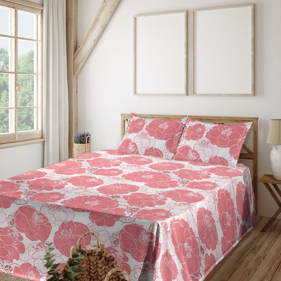 Ambesonne Nature Fitted & Flat Sheet with Shams 4 Pcs Set, Red Flowers Floral Drawings, Full, Pastel Pink and White