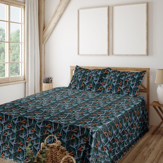 Ambesonne Nature Fitted & Flat Sheet with Shams 4 Pcs Set, Tropical Botanical Floral, Queen, Marigold Black Fern Green